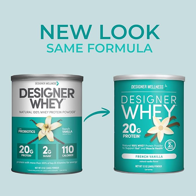 Designer Wellness, Designer Whey, Natural Whey Protein Powder with Probiotics, Fiber, and Key B-Vitamins for Energy, Gluten-Free, French Vanilla, 12oz