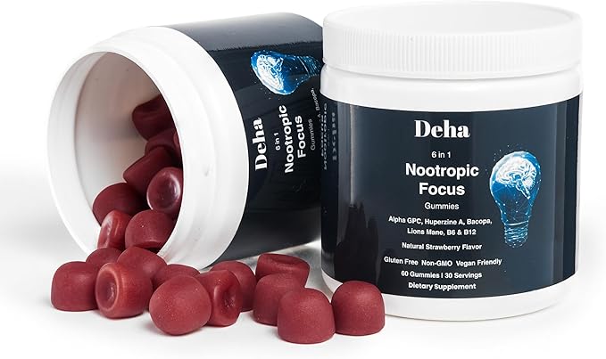 Deha Focus Gummies Nootropic Brain Supplement with Vitamin B6 Vitamin B12, Alpha GPC, Huperzine A, Bacopa Monnieri, Lions Mane Mushroom Gummies – Vegan, Non-GMO, Gluten-Free – 60 Gummies