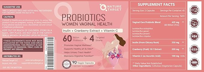 NATURE TARGET Vaginal Probiotics for Women, pH Balance for Women with Probiotic, Prebiotics, Cranberry & Vitamin C, Support Odor Control, Flora Balance, Urinary & Digestive Health, 90 Vegan Capsules