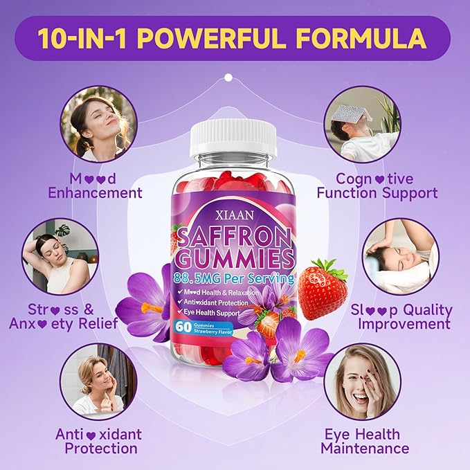 Saffron Supplements for Kids & Adults, 10 in 1 Saffron Gummies 88.5mg Saffron Extract with Ashwagandha, L-Theanine for Calm, Zzz, Antioxidant, Sugar-Free/Organic, Strawberry Flavor 60 Count