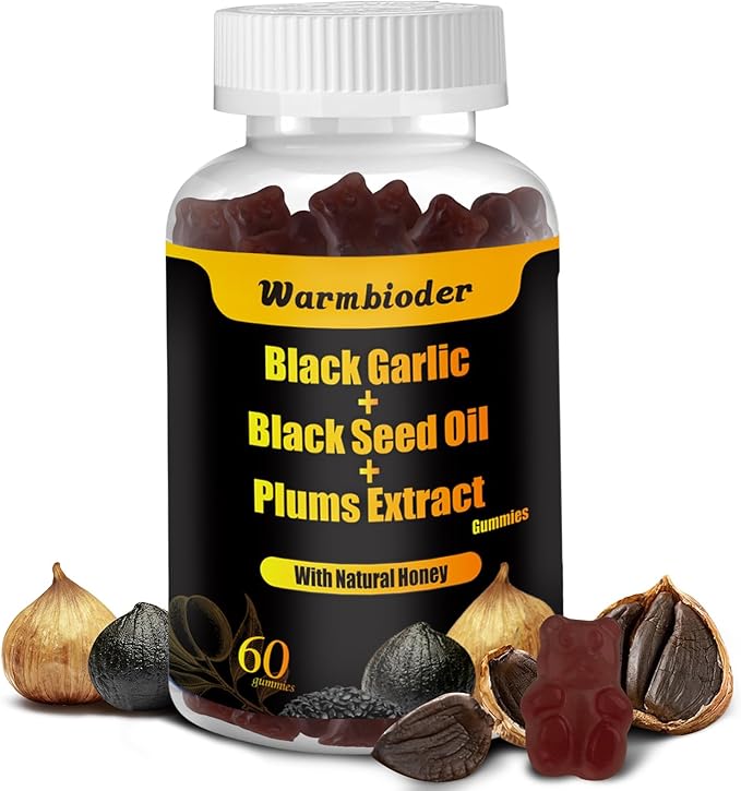 Black Garlic Black Seed Oil Gummies,with Honey Vitamin C Plums Extract,Overall Health,Non-GMO & Vegan,Black Garlic Flavored