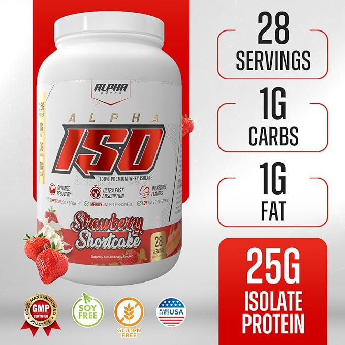 Alpha Supps ISO, Low Carb 100% Whey Protein Isolate Powder, 25 Grams Per Serving, Helps Support Muscle Growth, Low Sugar and Gluten Free (Strawberry Shortcake, 2 lb)