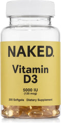 NAKED Vitamin D3 5000 IU – High Potency Vitamin D Supplement for Immune Support, Bone Strength, Muscle Function – 200 Vitamin D Softgels