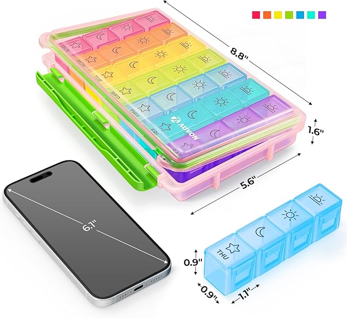 AUVON iMedassist Moisture-Proof Weekly Pill Organizer 4 Times a Day, Large 7 Day Pill Box Case with Portable Design for Travel, Removable Individual Containers Hold Vitamins, Supplements, Medications