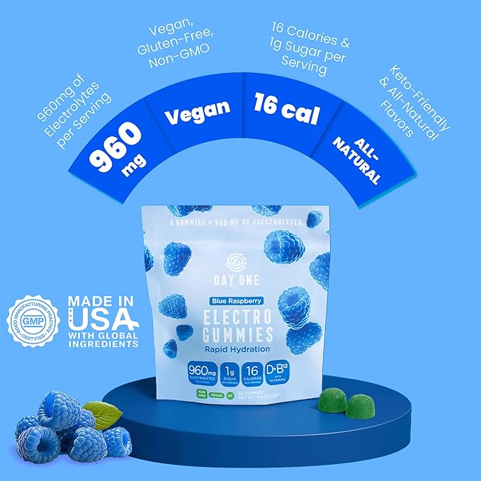Day One Electrogummies - 60pcs of Blue Raspberry Flavored Electrolyte Gummies for Hydration and Recovery - Packed with Essential Electrolytes Ideal for Workouts, Running, Hiking and More