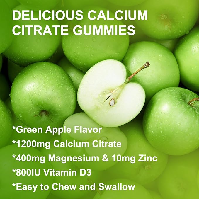 Calcium Citrate 1200mg Supplement with Vitamin D3 Gummies for Women & Men - Chewable Calcium Magnesium Zinc D3 K2 Supplement for Bone & Teeth Support, Vegan, Apple Flavor - 60 Gummies (2Pack)