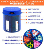 Supplement Pill Dispenser Bottle, 6 Compartment, Labels, Easy Open, Anti-Mixing, UV Protected, Monthly Vitamin, Monster Fit Jr Medication Holder (Cobalt Blue, Small)