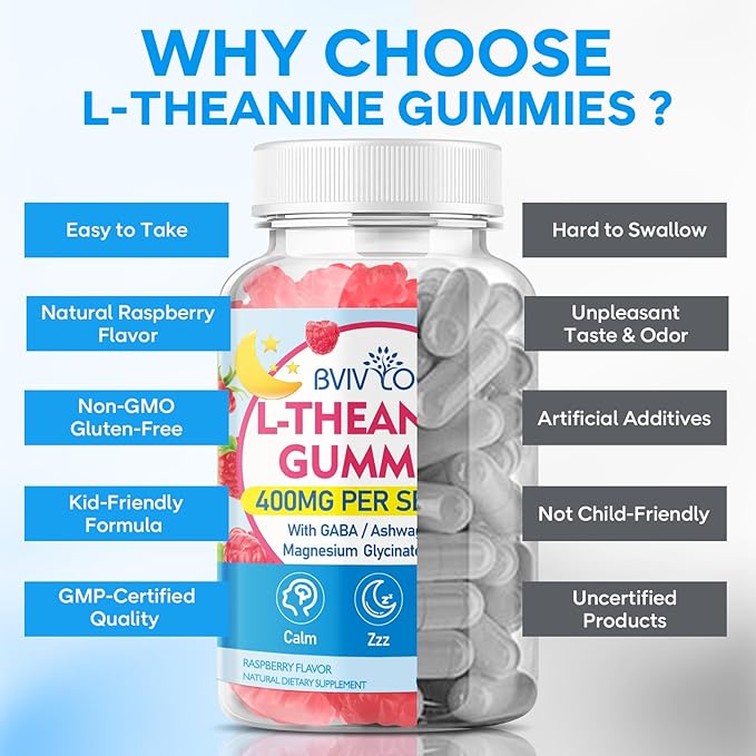 L-Theanine Gummies with L-Theanine 400 mg, Ashwagandha, GABA, 5-HTP, Magnesium Glycinate for Calm, ZZZ & Relaxation Support - Vegan, Raspberry Flavor, 60 Count
