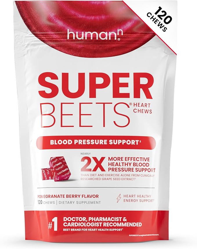 Humann SuperBeets Heart Chews, Beet Root Powder Support Energy Supplement, Nitric Oxide and Blood Pressure Support, Grape Seed Extract & Non-GMO, Heart Health, Pomegranate Berry Flavor, 120 Count