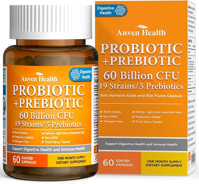 60 Billion Probiotic and Prebiotic for Women and Men - 19 Strains 5 Organic Prebiotics for Gut Digestive & Immune Health, Supports Diarrhea Gas Bloating, Non-GMO – Made in USA丨60 Caps