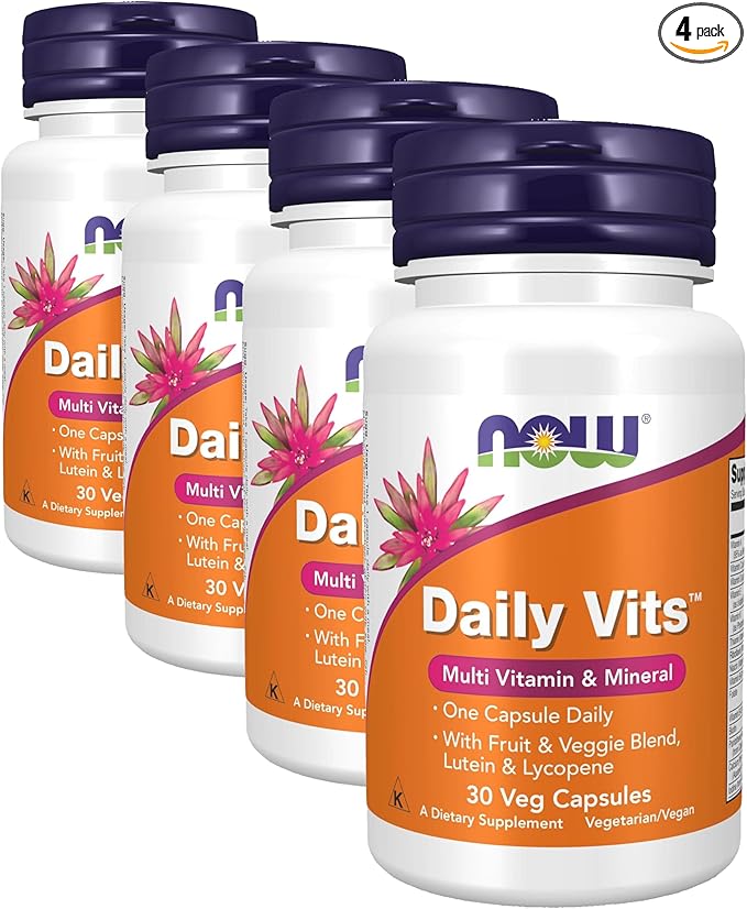 NOW Foods Supplements, Daily Vits™with Fruit & Veggie Blend, Lutein and Lycopene, 30 Veg Capsules (Pack of 4)