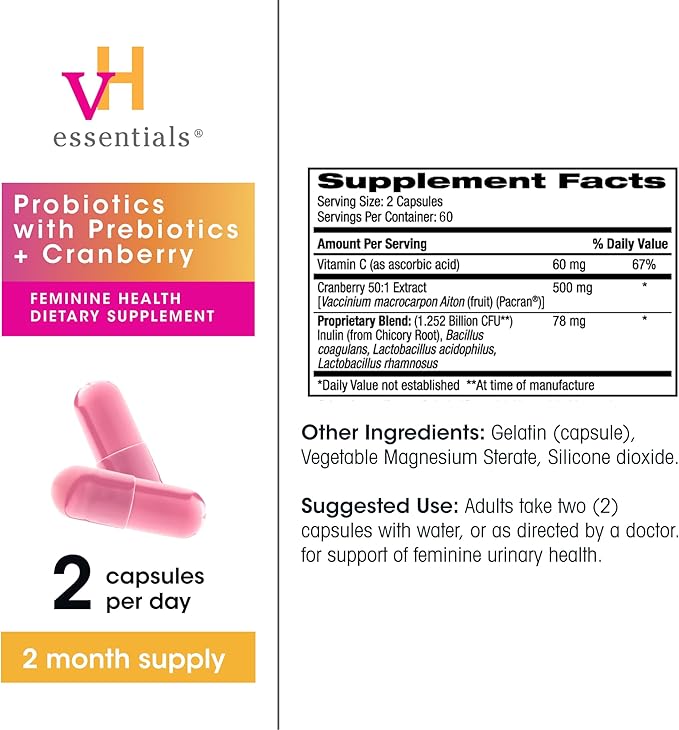 vH Essentials Probiotics for Women with Prebiotics, Cranberry & Vitamin C - 120 Capsules (60 Day Supply) -Probiotics Support Gut Balance, Health & Urinary Tract Health for Women