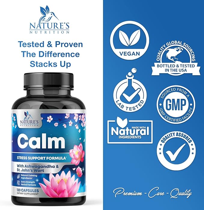 Stress Support Supplement - Extra Strength Ashwagandha, GABA, Magnesium, L-Theanine for Relief - Supports Mood & Focus - Naturally Calm, Unwind & Relax - Eases Tension & Nervousness - 120 Capsules
