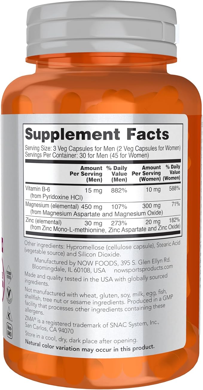 NOW Foods Sports Nutrition, ZMA (Zinc, Magnesium and Vitamin B-6), Enhanced Absorption, Sports Recovery*, 90 Capsules, (Pack of 2)