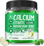 Calcium Citrate 1200 mg with Vitamin D3 Gummies, Calcium Citrate Magnesium Zinc with Vitamin D3 Supplement for Women & Men Bone & Teeth Support, Natural Apple Flavor - 30 Day Vegan Supply
