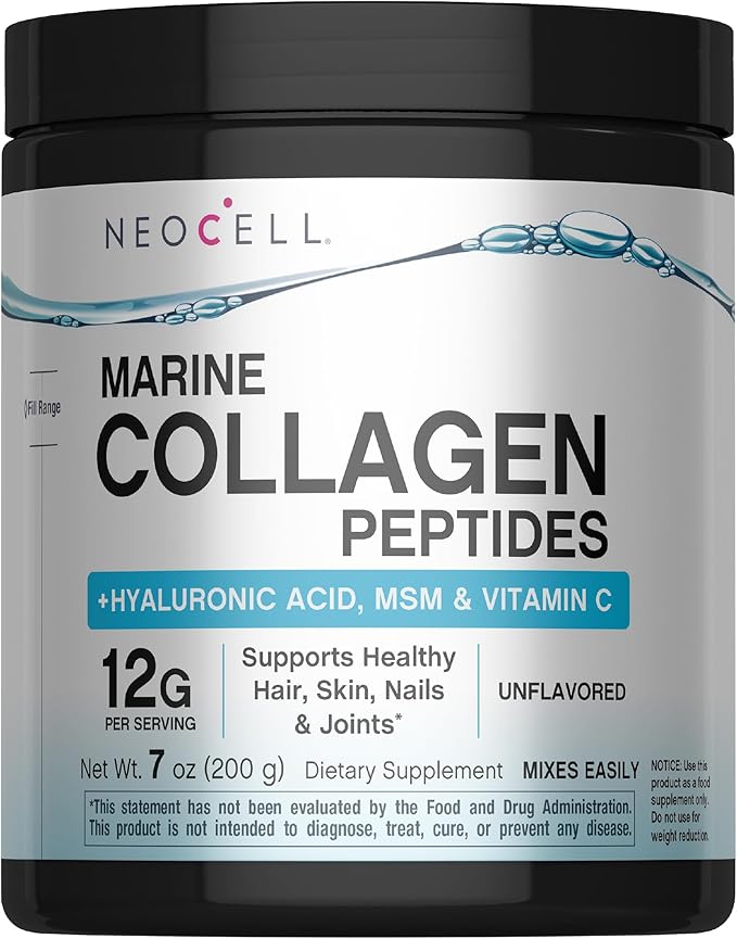 NeoCell Marine Collagen Peptides Powder | 7 oz | Unflavored Supplement | with Vitamin C and MSM | Plus Hyaluronic Acid | Prebiotic Fiber Beauty Blend | Hair, Skin, & Nails | for Women and Men