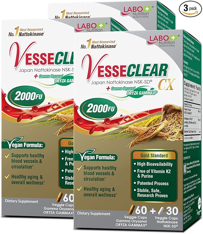 LABO Nutrition VesseCLEAR CX: Artery Cleanse Supplement to Support Blood Pressure, Clean Blood Vessel, Heart & Cholesterol Health Formula | Nattokinase NSK-SD + Gamma Oryzanol | DR Capsules [3 Pack]
