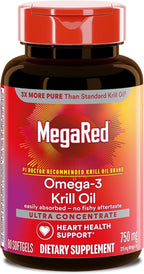 MegaRed Antarctic Krill Oil 750mg, Omega 3 Fatty Acid Supplement, Ultra Concentrate EPA & DHA Softgels, Antioxidant Astaxanthin, Heart Health Supplement with No Fish Oil Aftertaste, 80ct