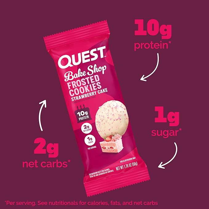 Quest Nutrition Frosted Cookies Twin Pack, Strawberry Cake, 1g Sugar, 10g Protein, 2g Net Carbs, Gluten Free, 16 Cookies, (Pack of 2)