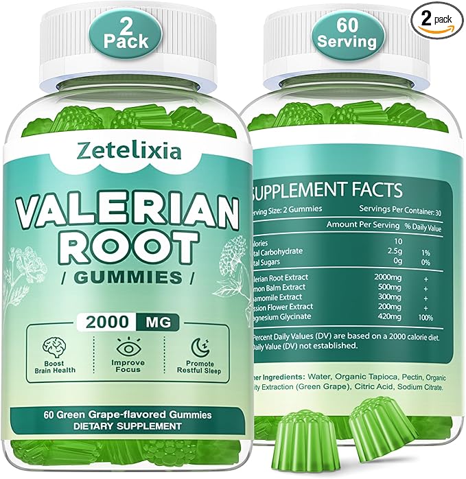 2 Pack Organic Valerian Root Gummies, Natural Calm to Help Relaxation, Herbal Supplement for Mood Support, Melatonin Free, Non-GMO, Gluten Free, Vegan, Green Grape Flavor, 120 Count
