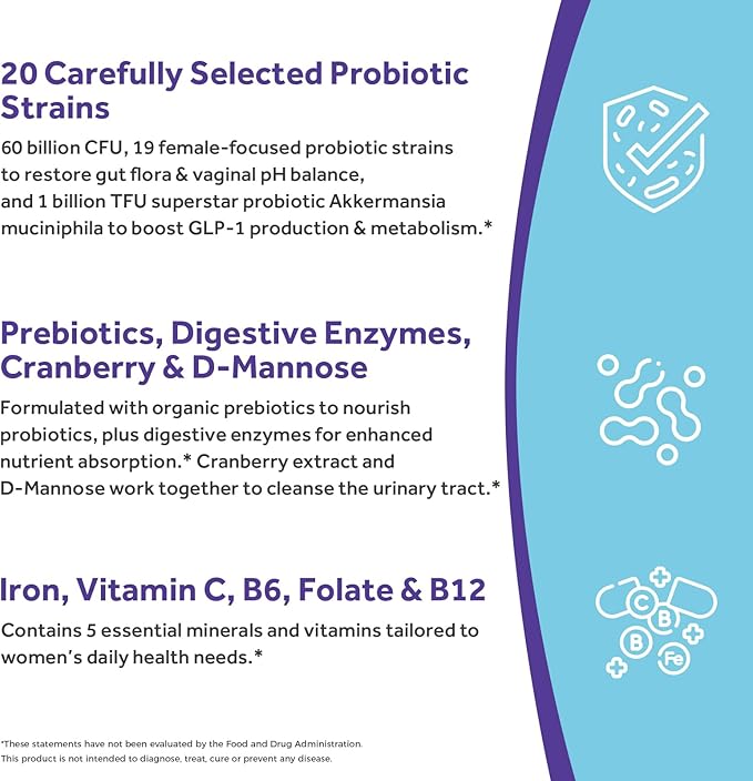 Doctor's Recipes Probiotics for Women, Akkermansia Muciniphila, Prebiotics, Cranberry, D-Mannose, Iron, Folate, VC, B6, B12, 60 Billion CFU, Vaginal, Digestive, Immune Health, 30 Vegan Capsules