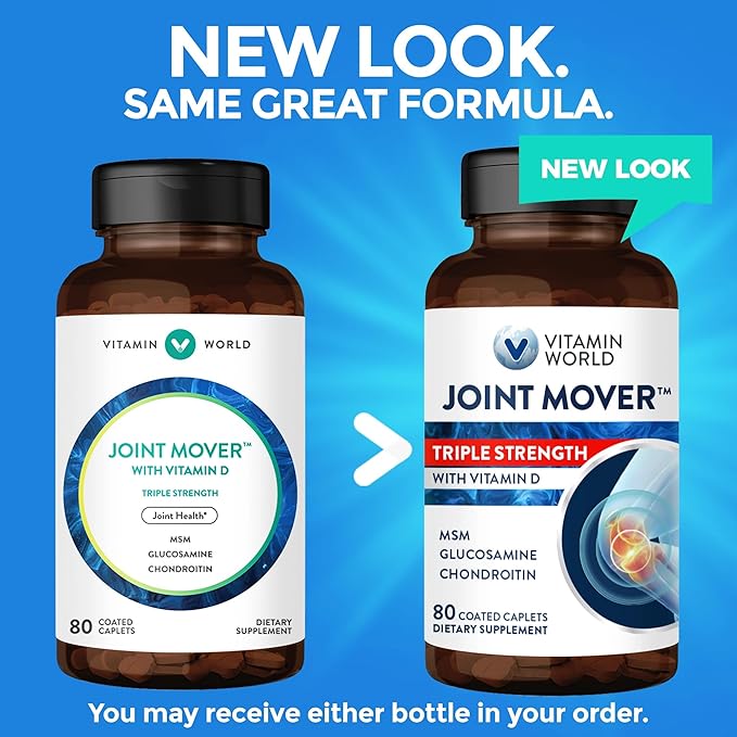 Vitamin World Triple Strength Joint Mover with Vitamin D Glucosamine Chondroitin MSM 80 Caplets, Promotes Healthy Joints, Promotes Comfort and Flexibility, Coated, Gluten Free