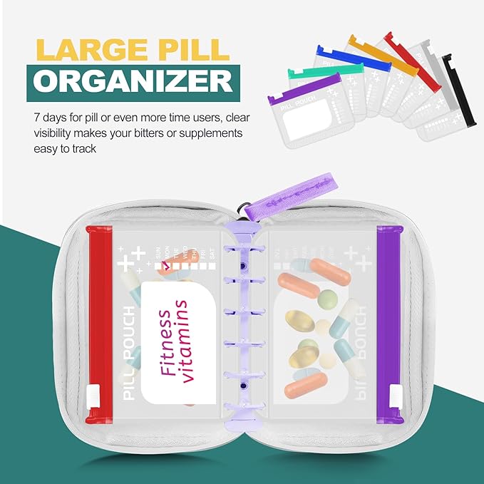 Timueetech A7 Waterproof Pill Organizer with 7 PCS L Size Zippered Pill Pouches for A7 Binder, Large BPA-Free Weekly Medicine Organizer, Color-Coded Reusable Travel Pill Storage System
