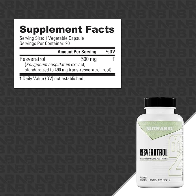 NutraBio 98% Pure Resveratrol Supplement 500mg - Standardized to 490mg Trans Resveratrol, Heart Health and Antioxidant Defense - 90 Capsules