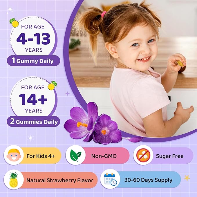 Saffron Gummies for Kids & Adults, 20-in-1 Saffron Supplements with 88.5mg Saffron Extract, B6, B12, C, D3, Magnesium for Calm, Focus, Nerve, Sugar Free, Vegan, Non-GMO - Pineapple Flavor, 60 Counts