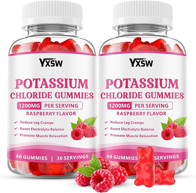 Potassium Gummies for Adults, Potassium Chloride 1200mg, Potassium Supplement for Women & Men, Supports Electrolyte Balance & Muscle Health, Sugar-Free, Raspberry Flavor, 120 Count