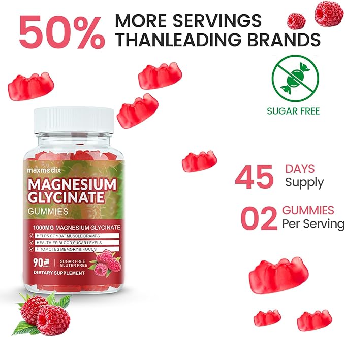 Magnesium Glycinate Gummies 1000mg, Sugar Free Magnesium Potassium Supplements Chewable for Adults with L-Threonate for Sleep, Body Support and Relaxation,90 Raspberry Gummies