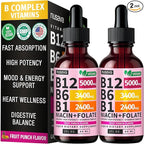 (2 Pack) Vitamin B12 and B6 Liquid Drops, B12 Sublingual Vitamin B Complex - B 12 Vitamin 5000mcg - B12 Methylcobalamin for Energy, Brain, and Heart Support with 27,200 mcg, Fruit Punch, 80 Servings