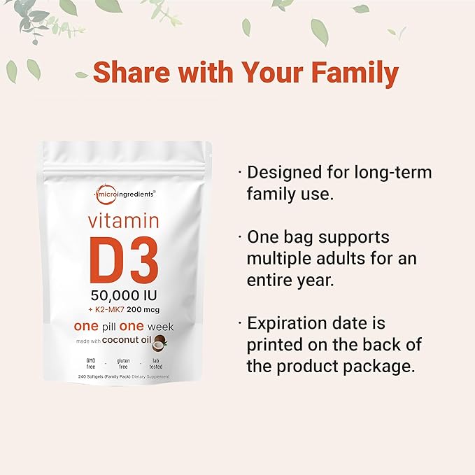 Micro Ingredients Vitamin D3 50,000 IU + K2 MK-7 200 mcg, 240 Softgels | Virgin Coconut Oil | 2-in-1 Support | Easy to Swallow, Non-GMO