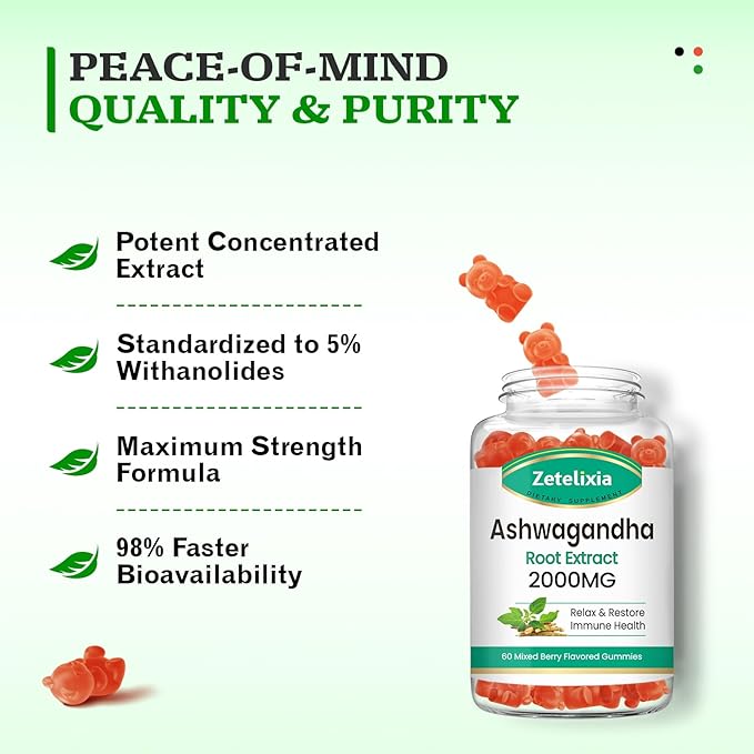 Ashwagandha Gummies, Extra Strength Vitamin D3, Organic Ashwa Root Extract Supplement for Calm Mood Relaxation & Immune Support, Mixed Berry Vegan Sugar Free Chews 60 Count