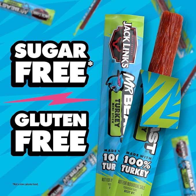 Jack Link’s x MrBeast Turkey Mini Sticks, As Seen on Beast Games, 8g Protein, Made with 100% All Natural Turkey, Zero Sugar, Pantry-Ready Snacks, 12 Count