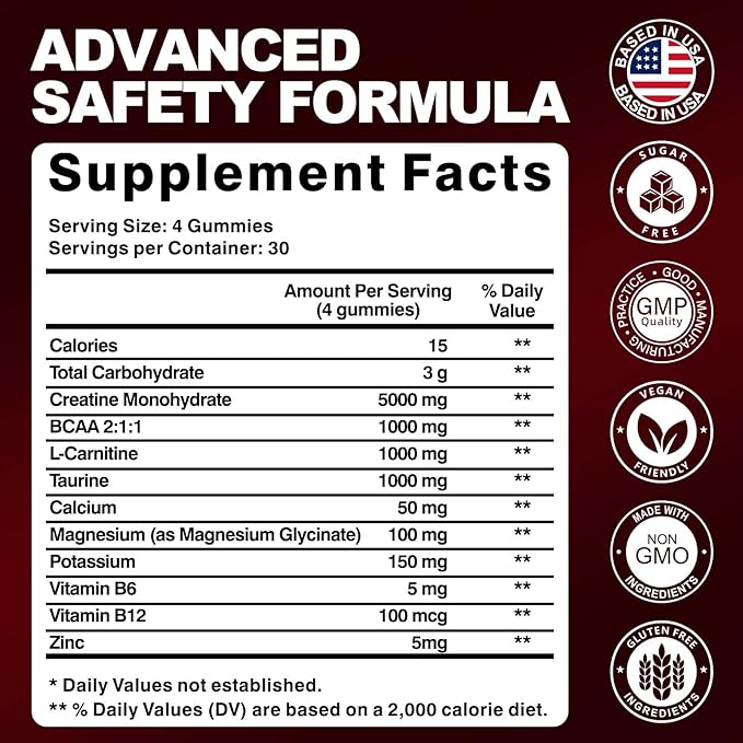 Creatine Monohydrate Gummies for Men & Women, 8500MG Creatine Gummies Sugar Free Strawberry Flavored with L-Taurine, BCAA 2:1, B12 B6 for Boost Strength, Focus & Endurance, Vegan, Non-GMO, 120pcs