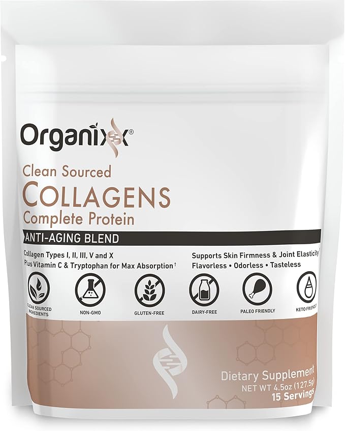 Organixx Clean Sourced Collagen Peptides Powder with Vitamin C, Types I, II, III, V, X Hydrolyzed Collagen, Hair, Nail, Skin, Bone & Joint Health, Aging Support, Gluten Free, Unflavored, 15 Servings