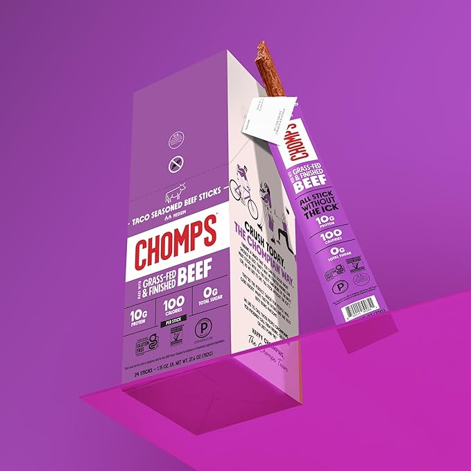 Chomps Grass-Fed Taco Beef Jerky Snack Sticks 24-Pack - Keto, Paleo, Whole30, 10g Lean Meat Protein, Gluten-Free, Zero Sugar Food, Non-GMO