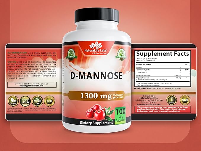 NaturaLife Labs Organic D-Mannose 1300 mg with Organic Cranberry Extract 100 mg per Serving – 100 Capsules – Non-GMO, Gluten-Free, Vegan (2 Pack)