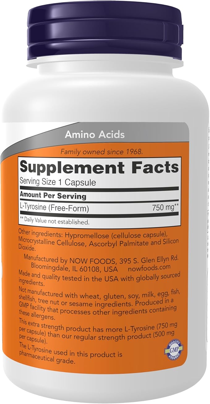 NOW Supplements, L-Tyrosine 750 mg, Supports Mental Alertness*, Neurotransmitter Support*, 90 Veg Capsules