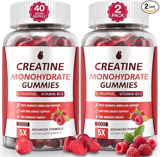 Creatine Gummies for Men & Women - Creatine Monohydrate Gummies 5g, Low Sugar Creatine Supplement for Muscle Builder, Energy Boost & Pre-Workout Supplement, Raspberry Flavor, 160 Gummies (2 Bottles)