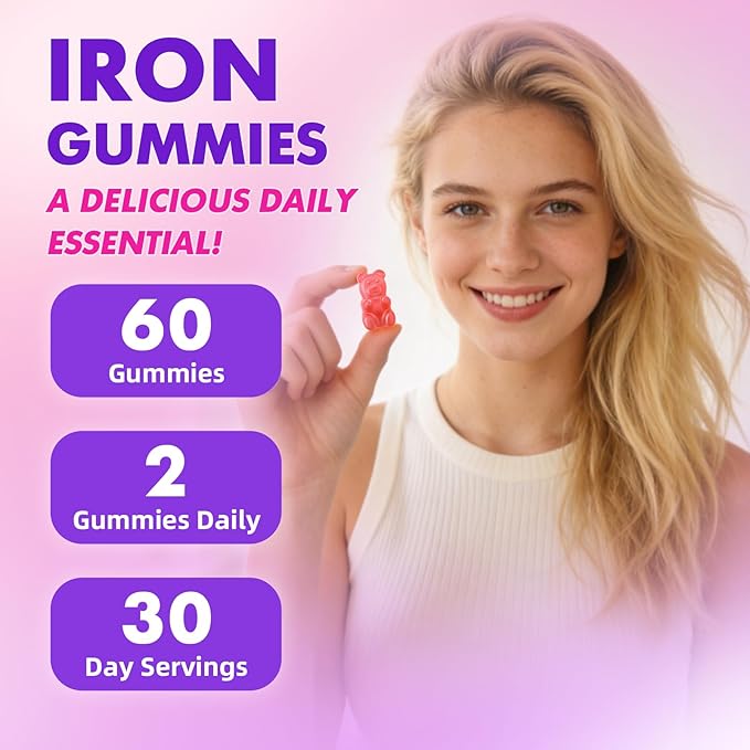 softbear Iron Gummies for Women & Men & Kids, Chewable Iron Supplements with Vitamin C,B3,B5,B6,B12 Supports Immune System, Energy & Vitality, Sugar-Free/Vegan, Strawberry Flavor 120 Count