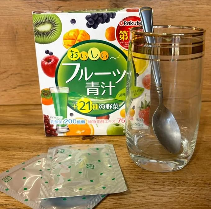 YUWA Fruit Aojiru Japanese Green Juice Powder, Dietary Supplement with Barley Leaf, Enzymes, Lactic Acid Bacteria, 20 Sticks, 3g Each, Made in Japan