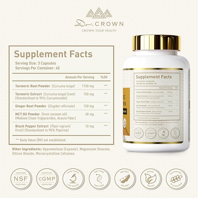 Turmeric Curcumin Supplement 1,500mg, 95% Standardized Curcuminoid with Ginger, MCT Oil, & Black Pepper for Better Absorption, for Antioxidant & Joint Support, 120 Capsules