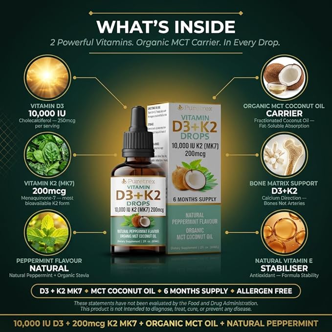 Vitamin D3 + K2 Drops 10,000 IU D3 with 200mcg K2 (MK7), Peppermint Flavour, Organic MCT Coconut Oil, 60mL, 6 Month Supply