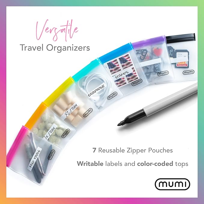 MUMI Mini Zipper Pouch Set – 7 Reusable 3x3” Clear Mesh Zipper Bags with Writable Labels | Small Leak-Proof Small Pouches for Travel, Pill Bag Storage, Purse Organizer, Makeup, Medicine & Crafts