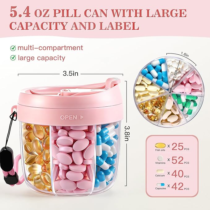 Pill Organizer,Travel Essentials Pill Container, Travel Pill Dispenser with Pink Lid，Pill Case Having 7 Large Compartments,Vitamin Organizer for Home Organization,Travel Containers