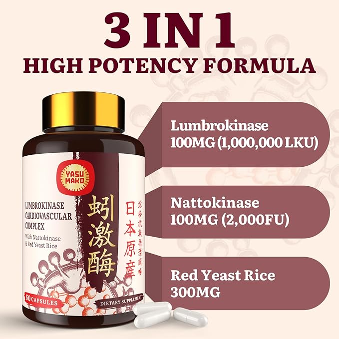 Lumbrokinase 100mg (Max Activity 1,000,000 LKU),Nattokinase 100mg-2,000 FU of Activity and Red Yeast Rice 300mg, Potent Lumbrokinase Enzymes Supplement for Circulatory,Cognition,60 Capsules(Pack of 1)
