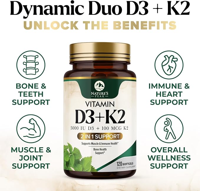D3 K2 Vitamin - 5000 IU D3 Per Serving - High Potency Vitamin D3 Supplement - Advanced 2-in-1 Complex Vitamin D & Vitamin K2 (MK7) - Easy to Swallow, Bone & Immune Support - USA Bottled - 120 Softgels