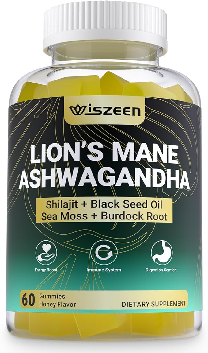 Ashwagandha Gummies - Lions Mane Gummies, Ashwagandha Lion's Mane Supplement with Shilajit, Sea Moss, Black Seed Oil for Adults - Energy, Cognitive & Immune Support
